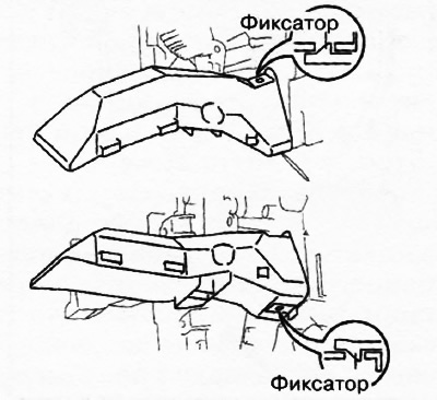 3. Отсоединить фиксаторы и снять передний воздуховод.