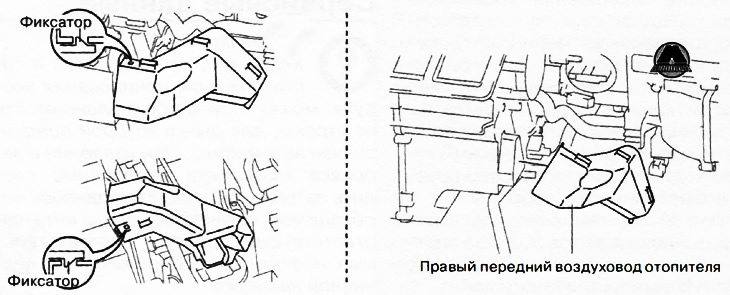 3. Отсоединить фиксаторы и снять передний воздуховод.
