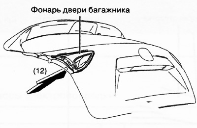 20. Выдавить фонарь в направлении стрелки (12) на рисунке и снять его с двери багажника.