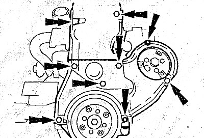 Отцепить зажимы или открутить болты и снять крышки зубчатого ремня.