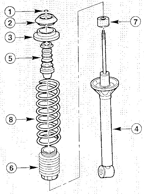 1. Upevňovací krúžok pre hornú podperu pružiny; 2. Gumená podšívka; 3. Horný jarný pohár; 4. Tlmič…
