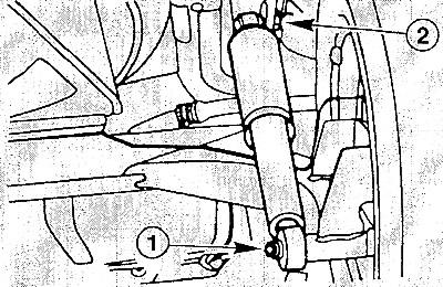 Открутить нижний болт крепления (1) амортизатора и вытащить его, при необходимости постучав по нему…