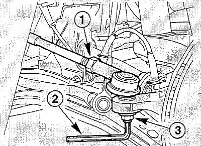 Ослабить контргайку (1), удерживая при этом рожковым ключом рулевую тягу за лыски.