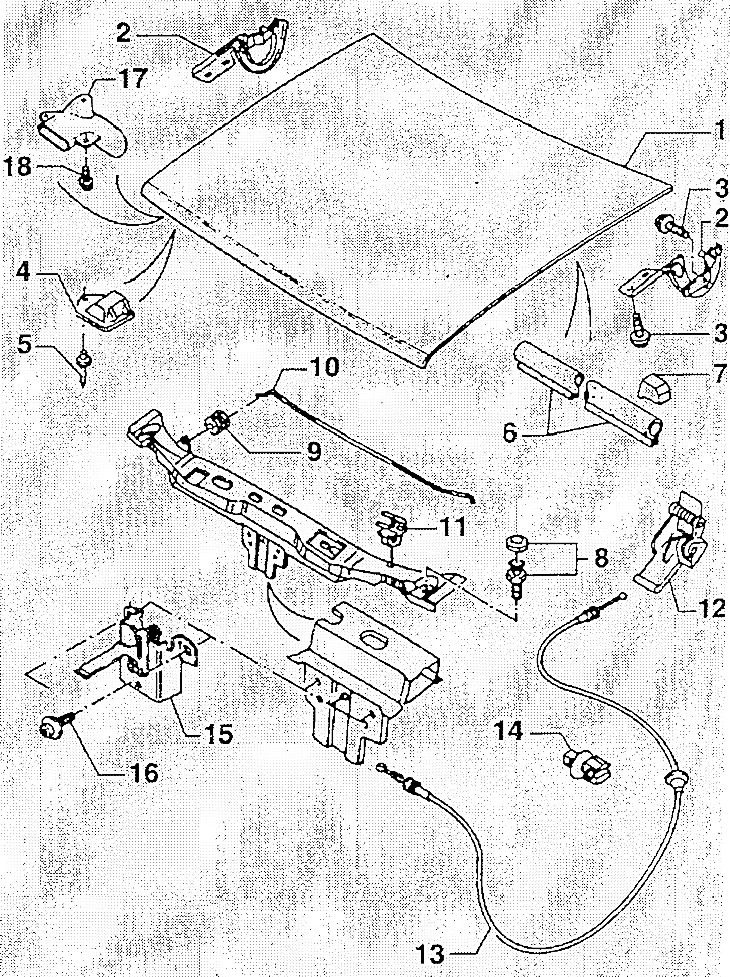 1. Капот; 2. Петля; 3. Болт с шайбой; 4. Держатель опоры капота; 5. Заклепка; 6. Уплотнение; 7.…