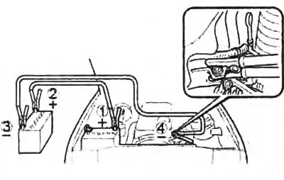г) Затем к массе (к жесткой неподвижной. неокрашенной металлической детали двигателя автомобиля с…