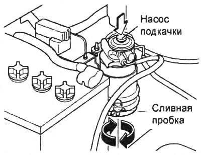 4. Ослабьте сливную пробку, расположенную на нижней части топливного фильтра на один оборот рукой.