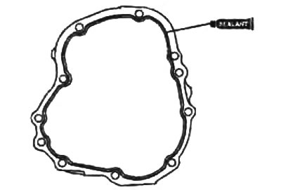 а) Нанесите герметик на контактную поверхность удлинителя картера и картера коробки передач.