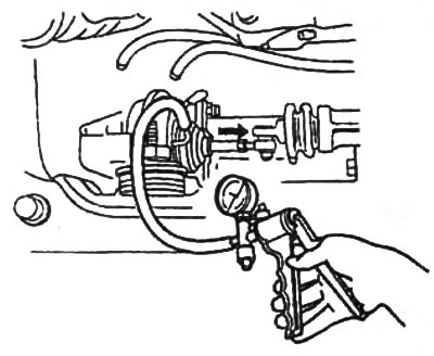 6. Подсоедините ручной вакуумный насос к приводу (контур подключения передней оси), как показано на…