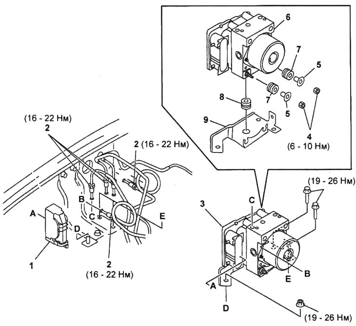 Removal and installation of the pressure modulator and the ABS control unit.