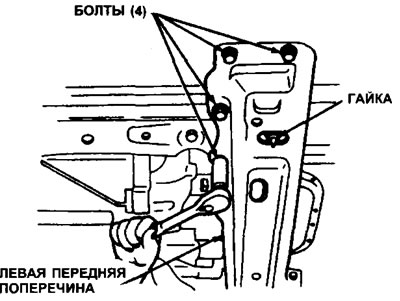27.4а. На модели 1992 г. выпуска, подоприте левую поперечину домкратом и открутите четыре болта и…