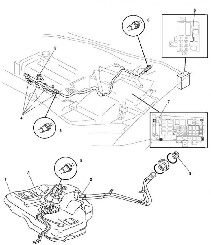 Рис. 2.61. Топливный узел автомобиля Mazda 3: 1 – топливный бак; 2 – обратный клапан; 3 – блок…