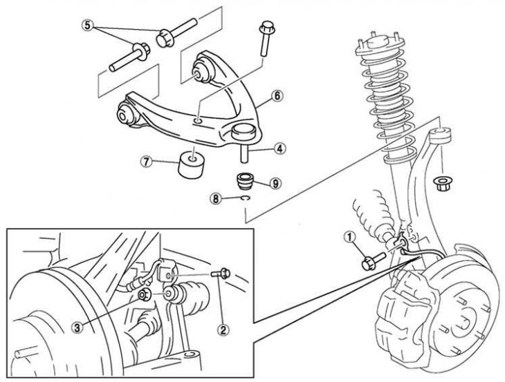 Fig. 4.21. Upper arm of the front suspension: 1 – bolt (anti-lock brake system wheel speed sensor);…