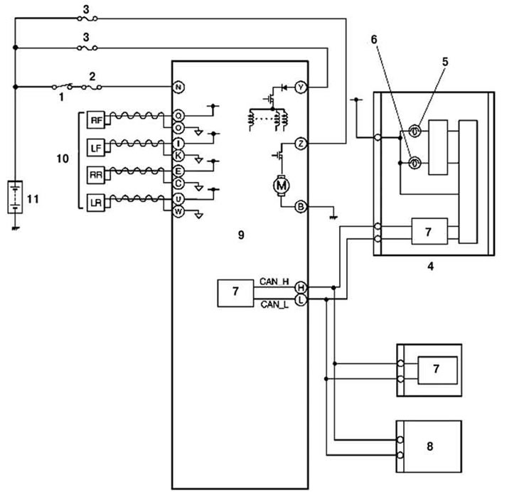 Рис. 6.3. Монтажная схема системы ABS/TCS тормозного контура автомобиля Мazda 3: 1 – выключатель…