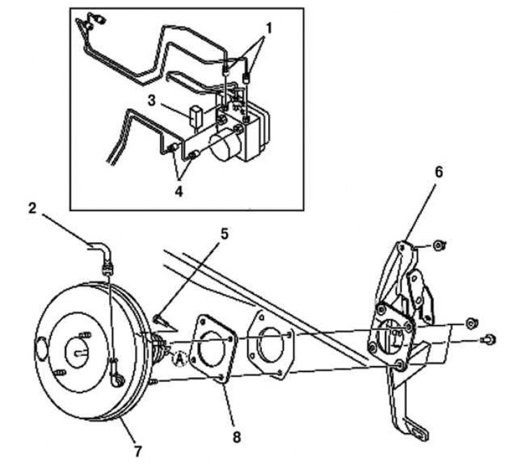 Fig. 6.30. Components of the brake booster: 1 – brake line; 2 – vacuum hose; 3 – connector; 4 –…