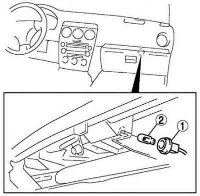 Fig. 7.50. Procedure for removing the glove compartment light bulb: 1 – lamp socket; 2 – glove…