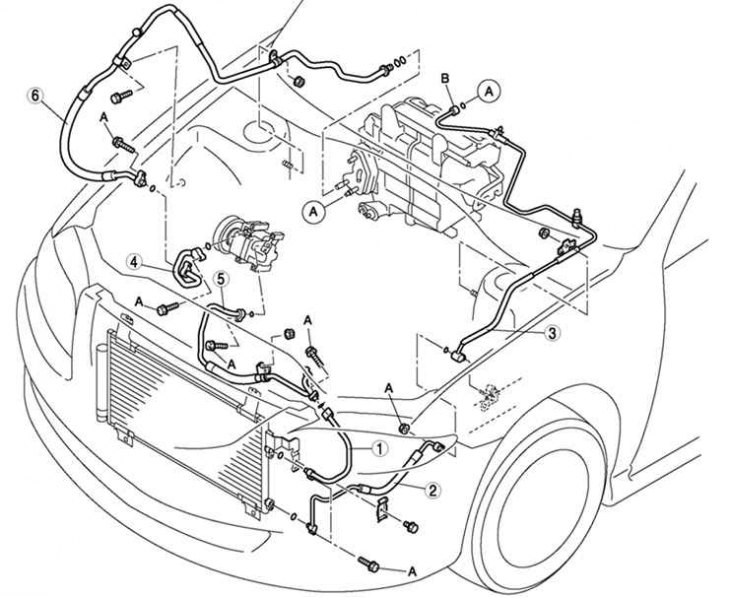 Рис. 8.78. Линия хладагента автомобиля Mazda 3: 1 – трубка охладителя №1; 2 – трубка охладителя №2;…