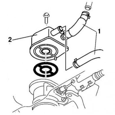 Fig. 2.204. Removing the oil cooler: 1 – water hose; 2 – oil cooler housing